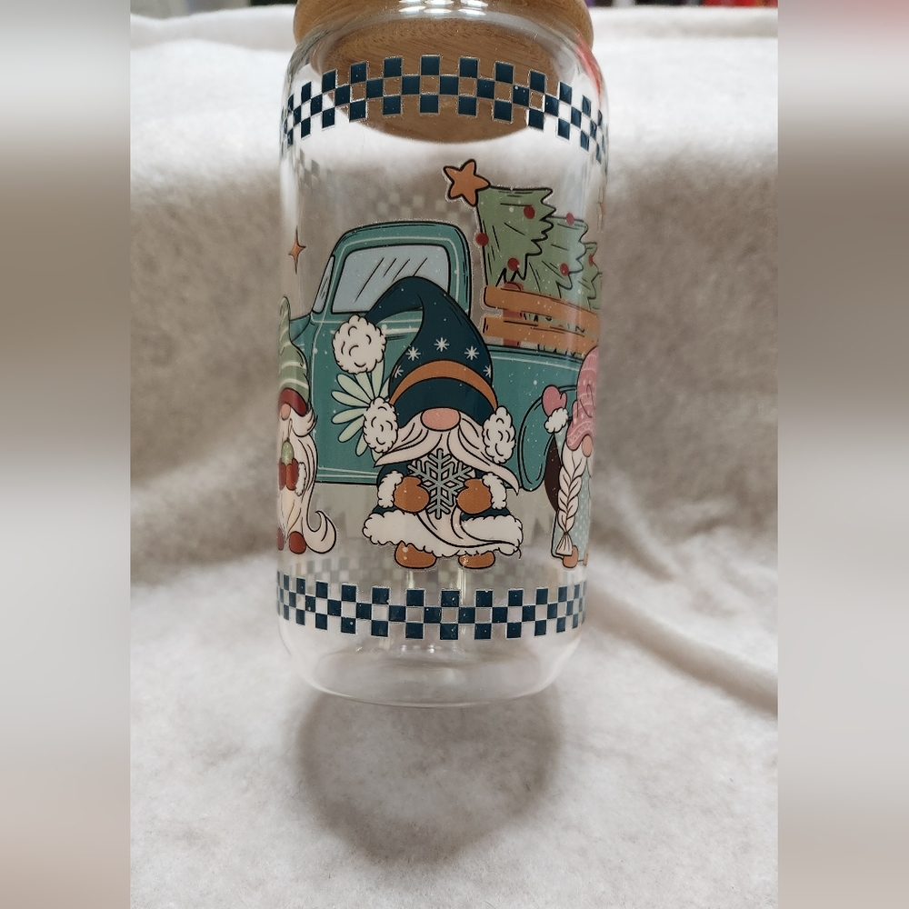 Christmas Glass Tumbler w/ Glass Straw